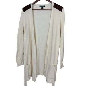 Lauren Ralph Lauren Cream Cardigan Sweater‎ Knit Suede Shoulder Sz Large Flaw